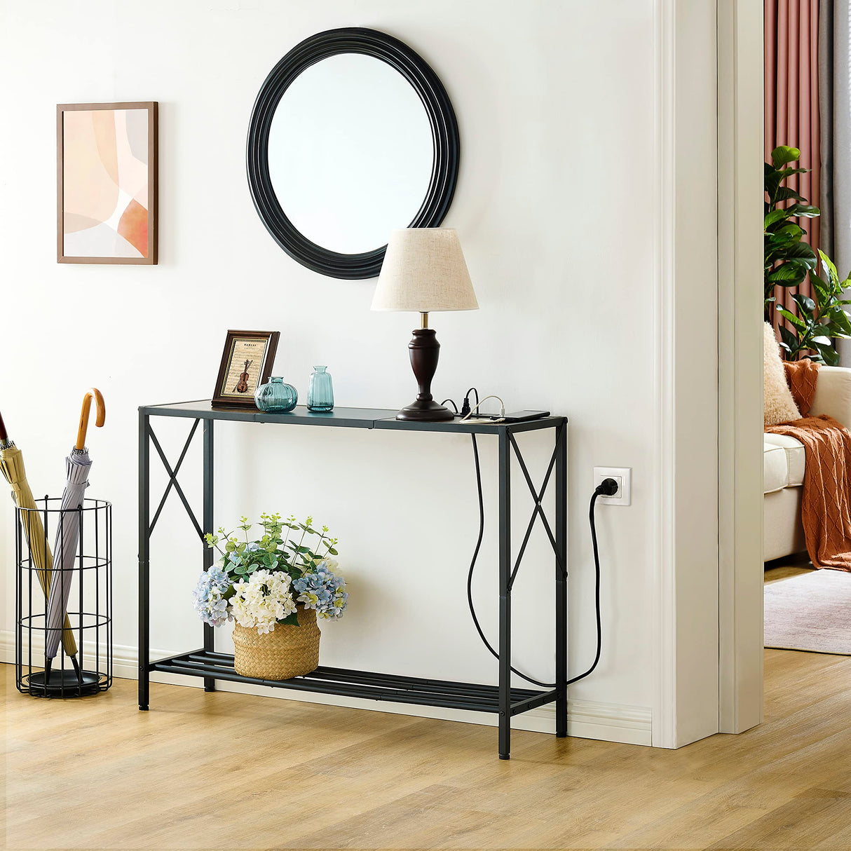 Console Table with Charging Station, 41.8" Entryway Table with Shelves, 2-Tier Narrow Sofa Table, Long Behind Couch Table,