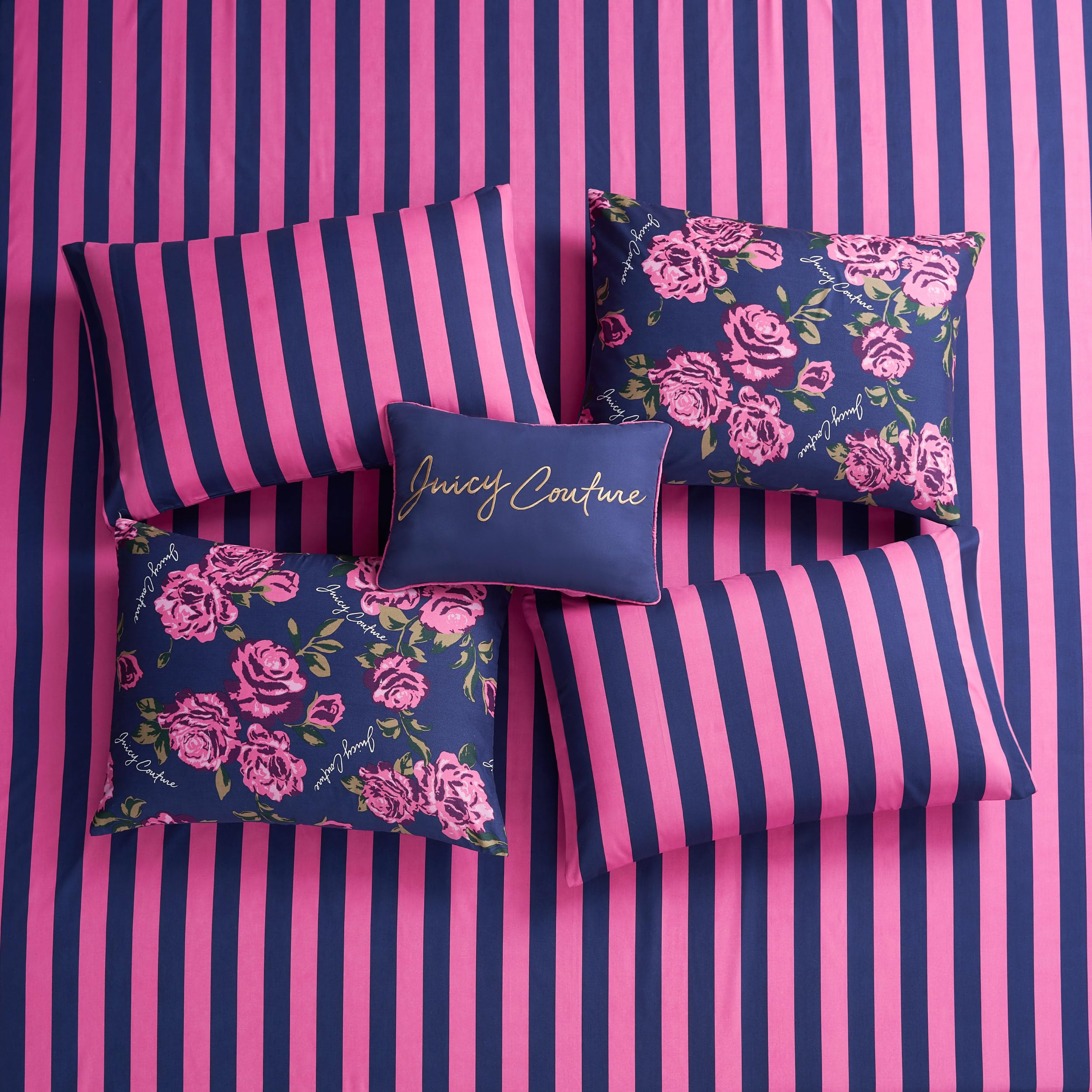 8-Piece Full Comforter Set - Navy & Pink Rose Logo