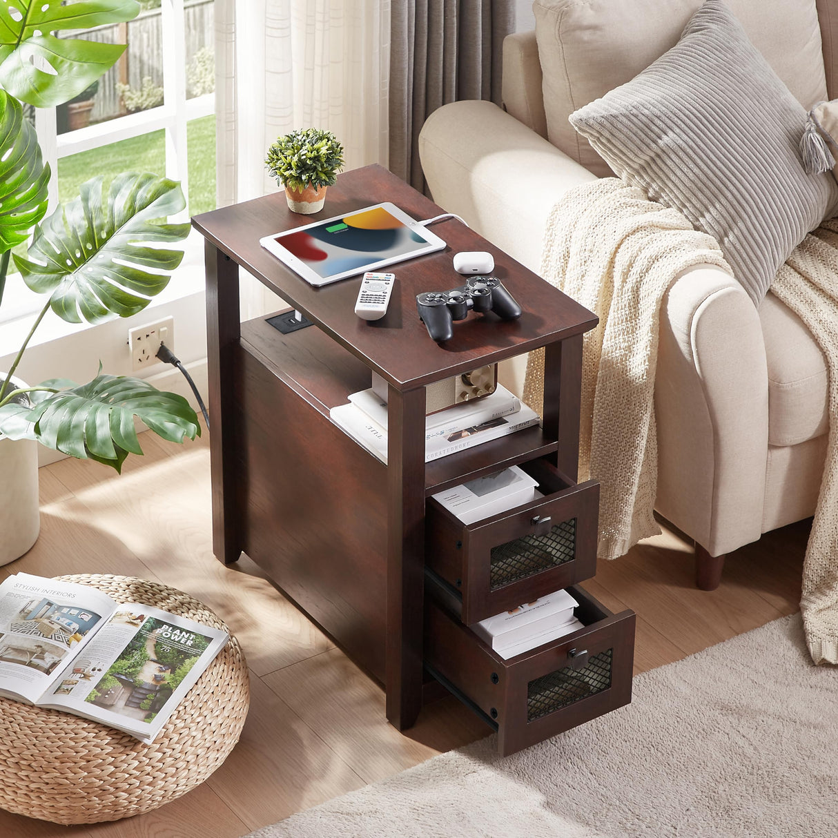 Farmhouse XXL End Table with Charging Station, Narrow Side Table