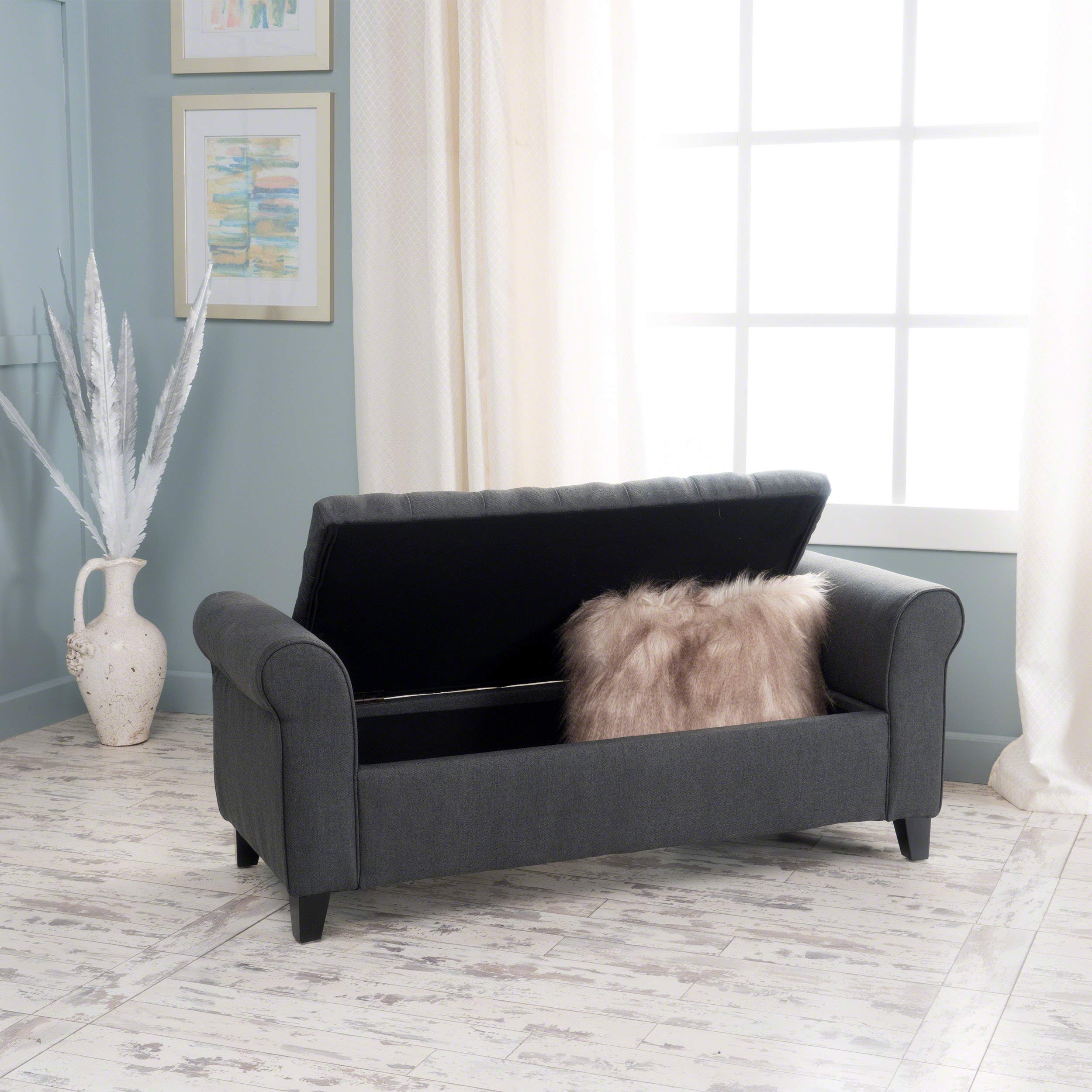 Keiko Fabric Armed Storage Bench, Dark Grey