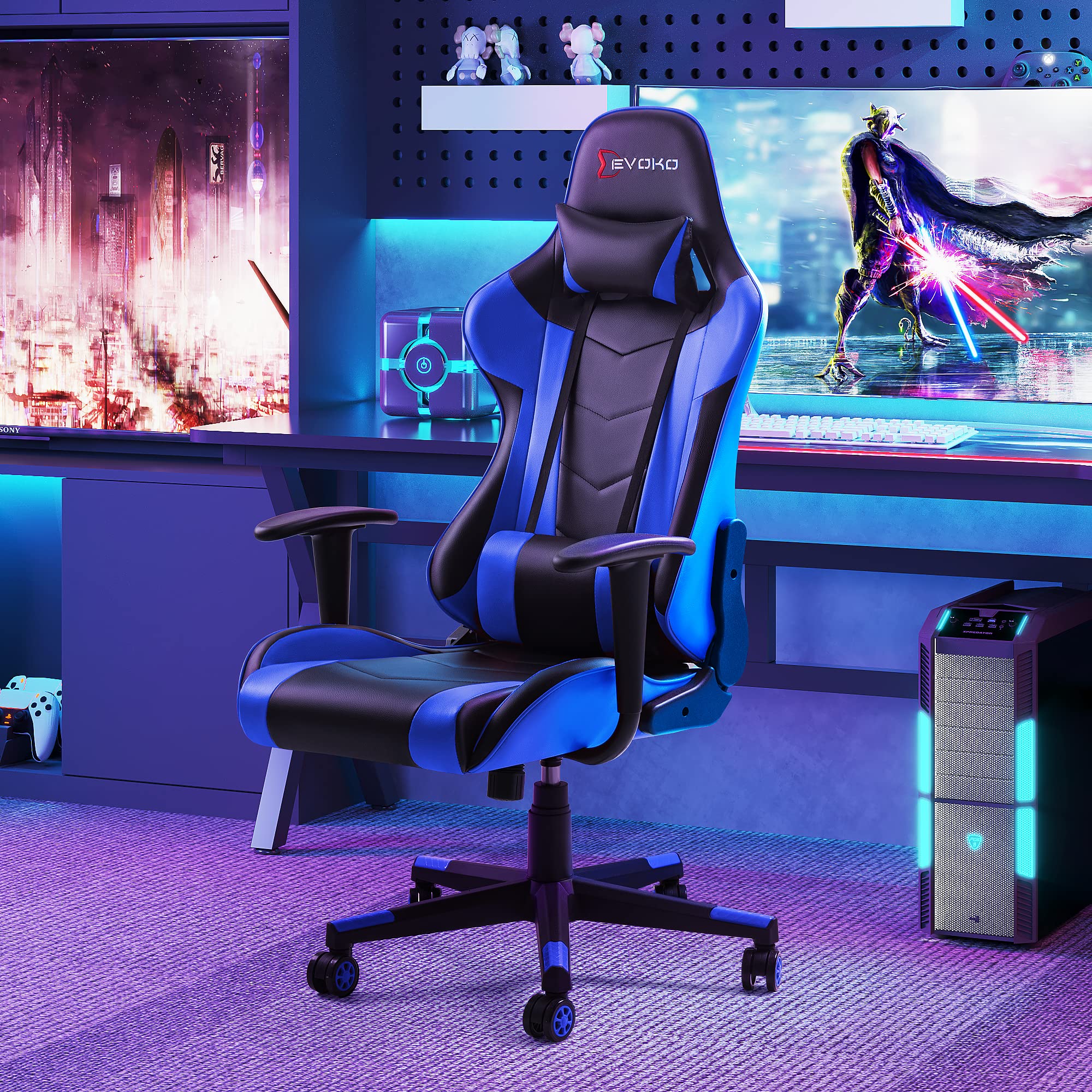 Ergonomic Gaming Chair with Lumbar Support - Blue Racing Style