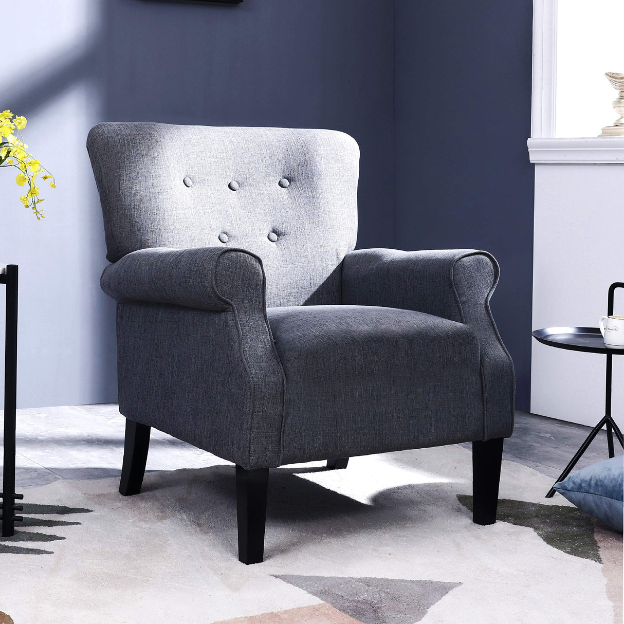 Modern Accent Arm Chair Single Sofa Comfy Upholstered Roll Arm Chair for Living Room with Wooden Leg