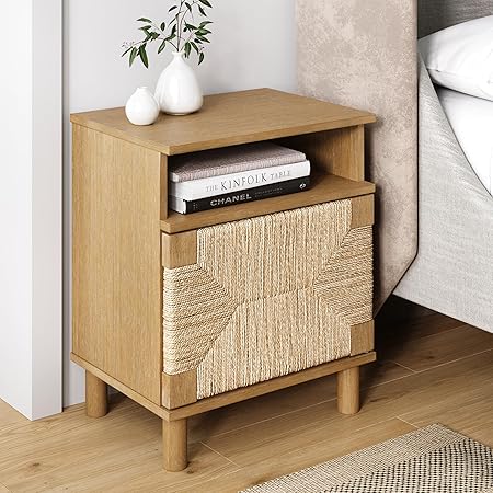 Mina Rattan Wood End Side Accent Table Nightstand with Storage for Living Room