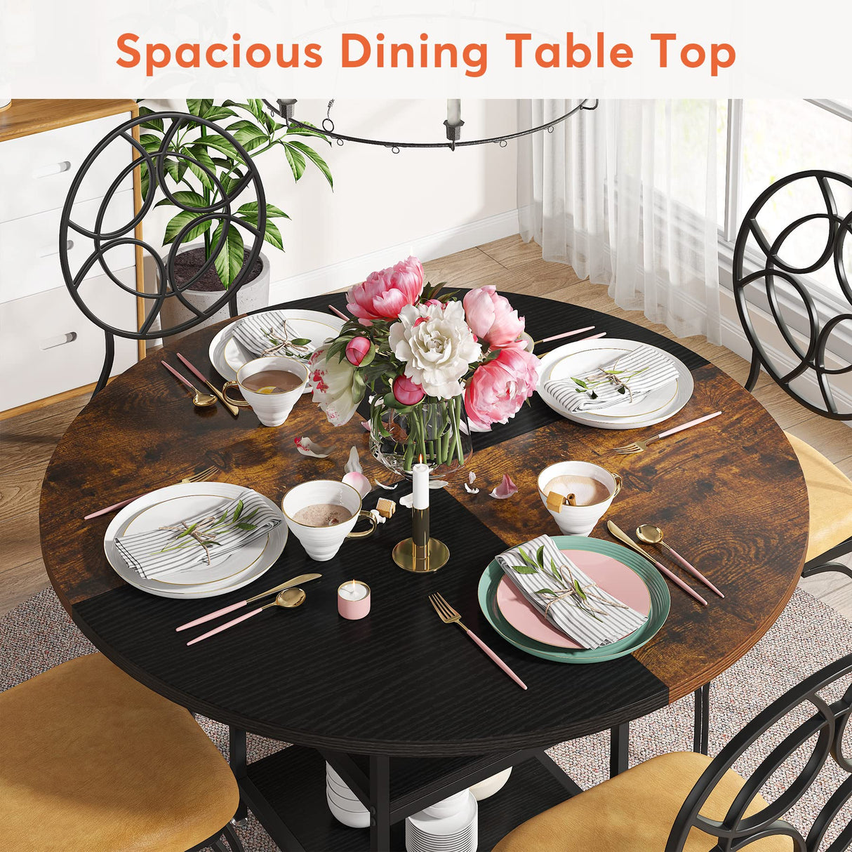 47 inch Round Dining Table for 4, Wood Kitchen Table Large Dinner