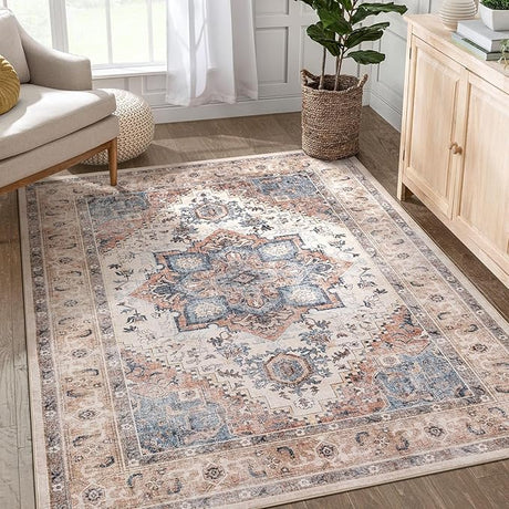 Rug 9x12 Area Rugs: Boho Vintage Distressed Oriental Medallion Neutral Thin Large Rug