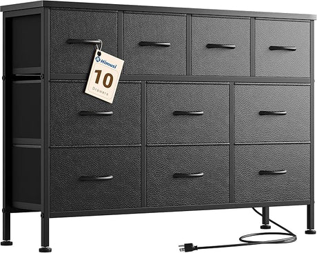 Black Dresser for Bedroom with Charging Station and 10 Drawers, Large Fabric Chest