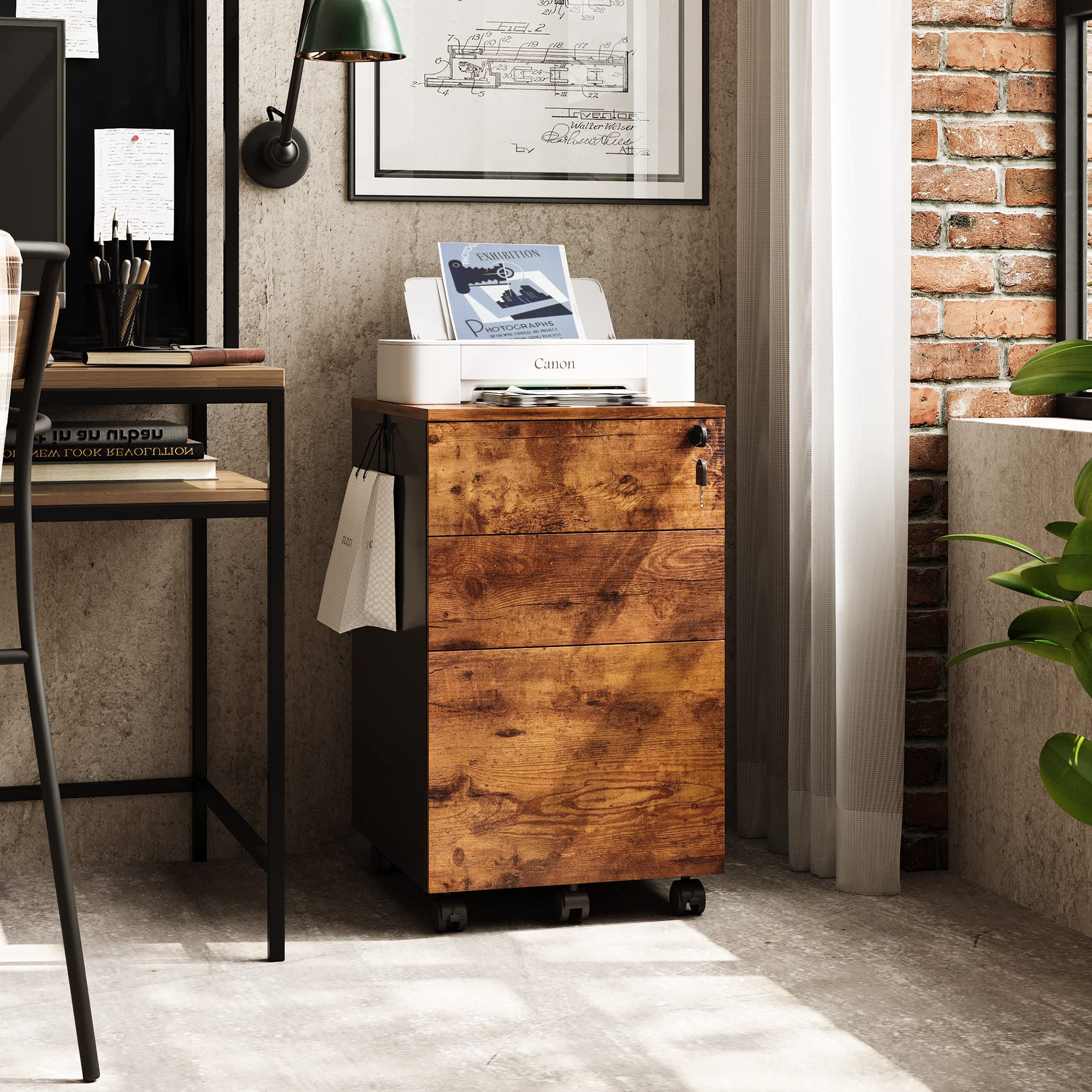 3 Drawer Rolling File Cabinet with Lock, Wood Under Desk Filing Cabinet fits