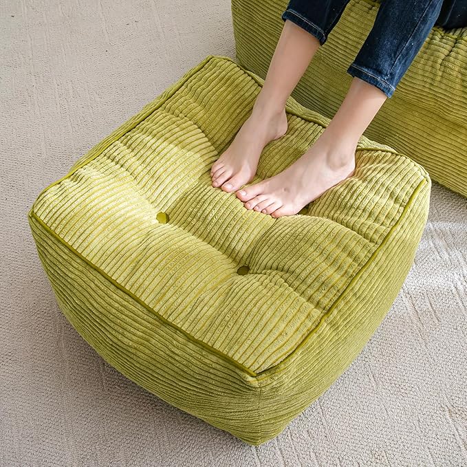 Square Stuffed Pouf Ottoman, Corduroy Poufs with Foam Chunk Filling, Furry and Fluffy