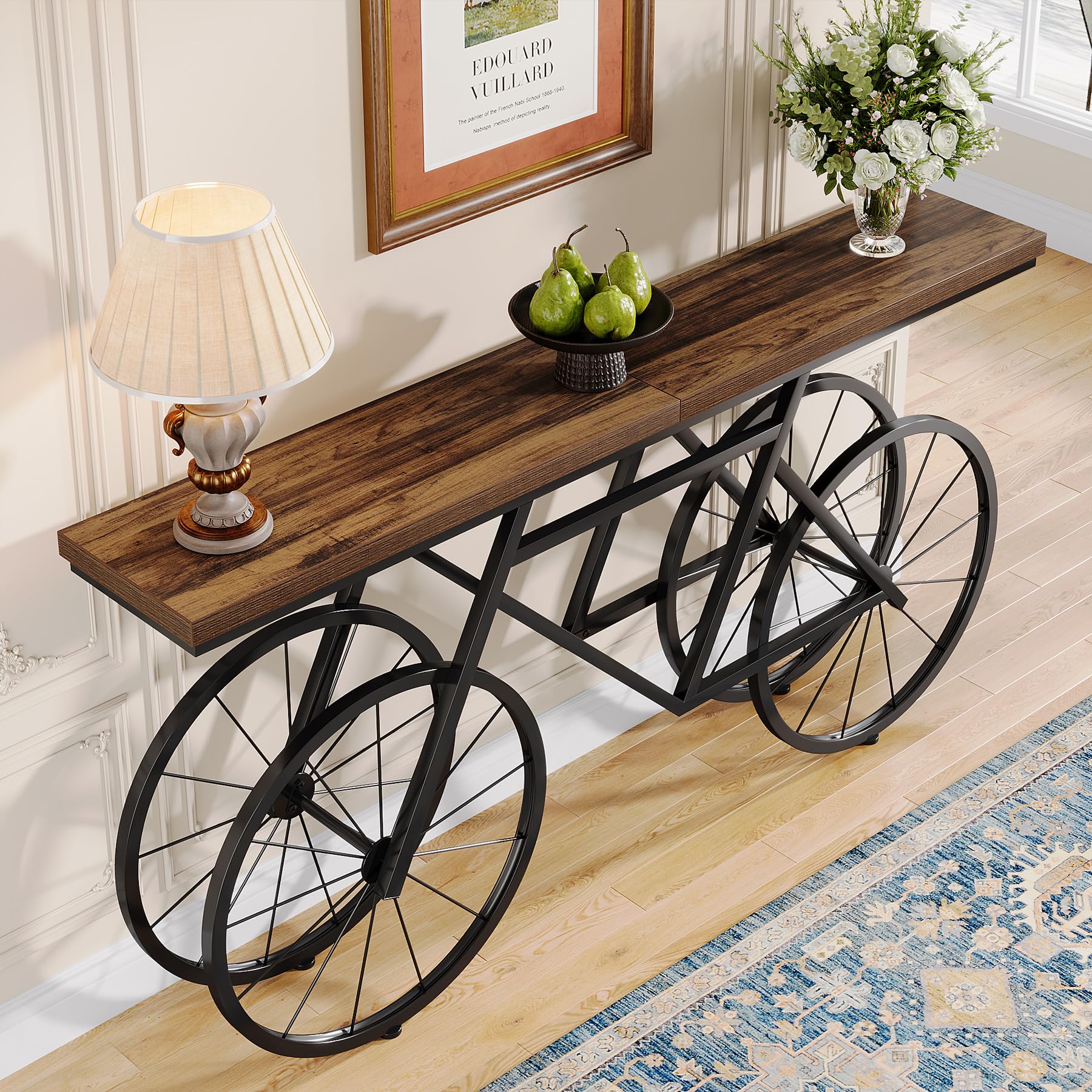 70.9-Inch Extra Long Console Table, Narrow Sofa Table with Bicycle Metal Base,