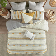Cody King Comforter Set - Gray Yellow Boho Bedding with Pompom Trim