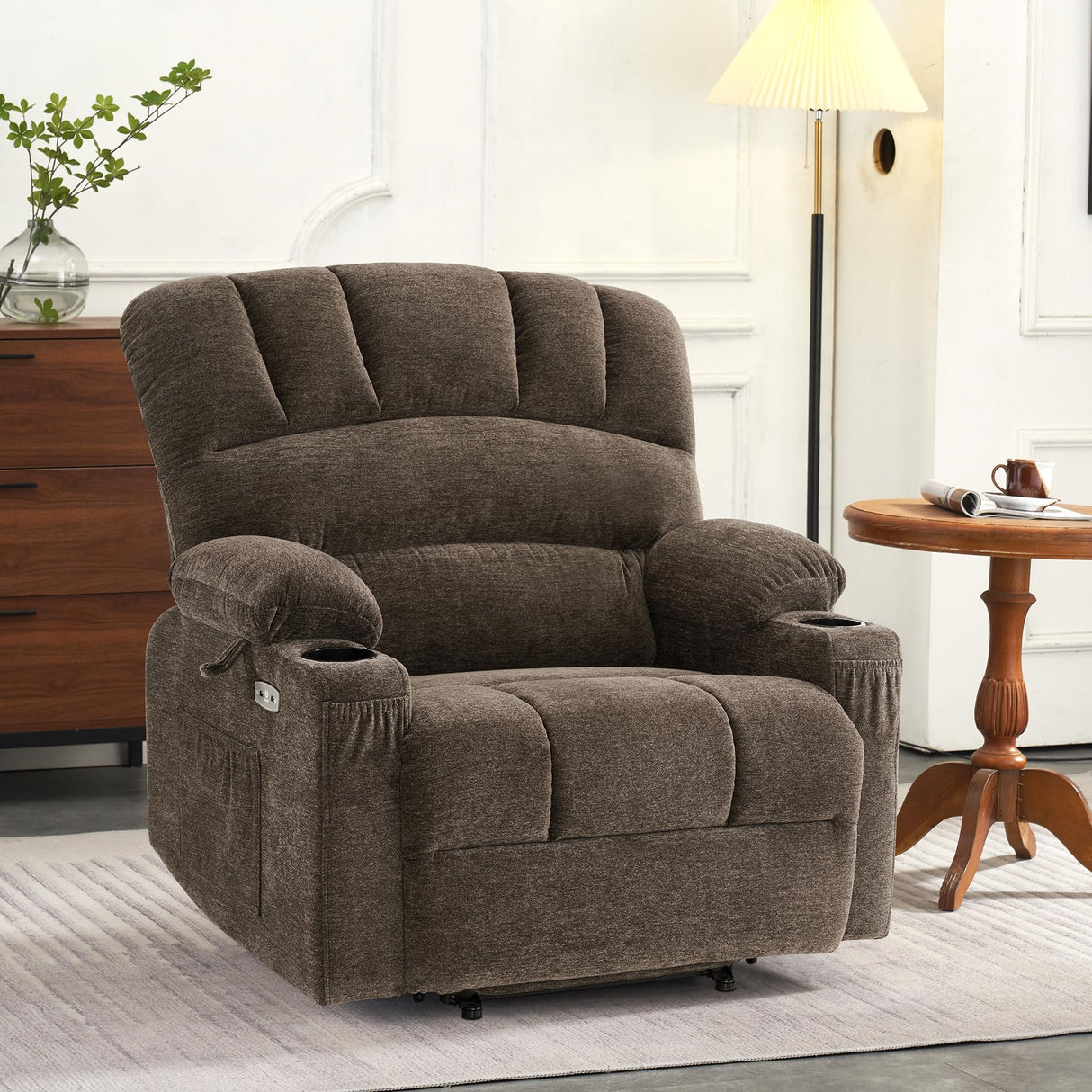 MCombo Power Lift Recliner Chair Sofa with Massage and Heat for Big Elderly People, USB Ports, Side Pockets, Fabric R7096 (Medium-Wide, Coffee)