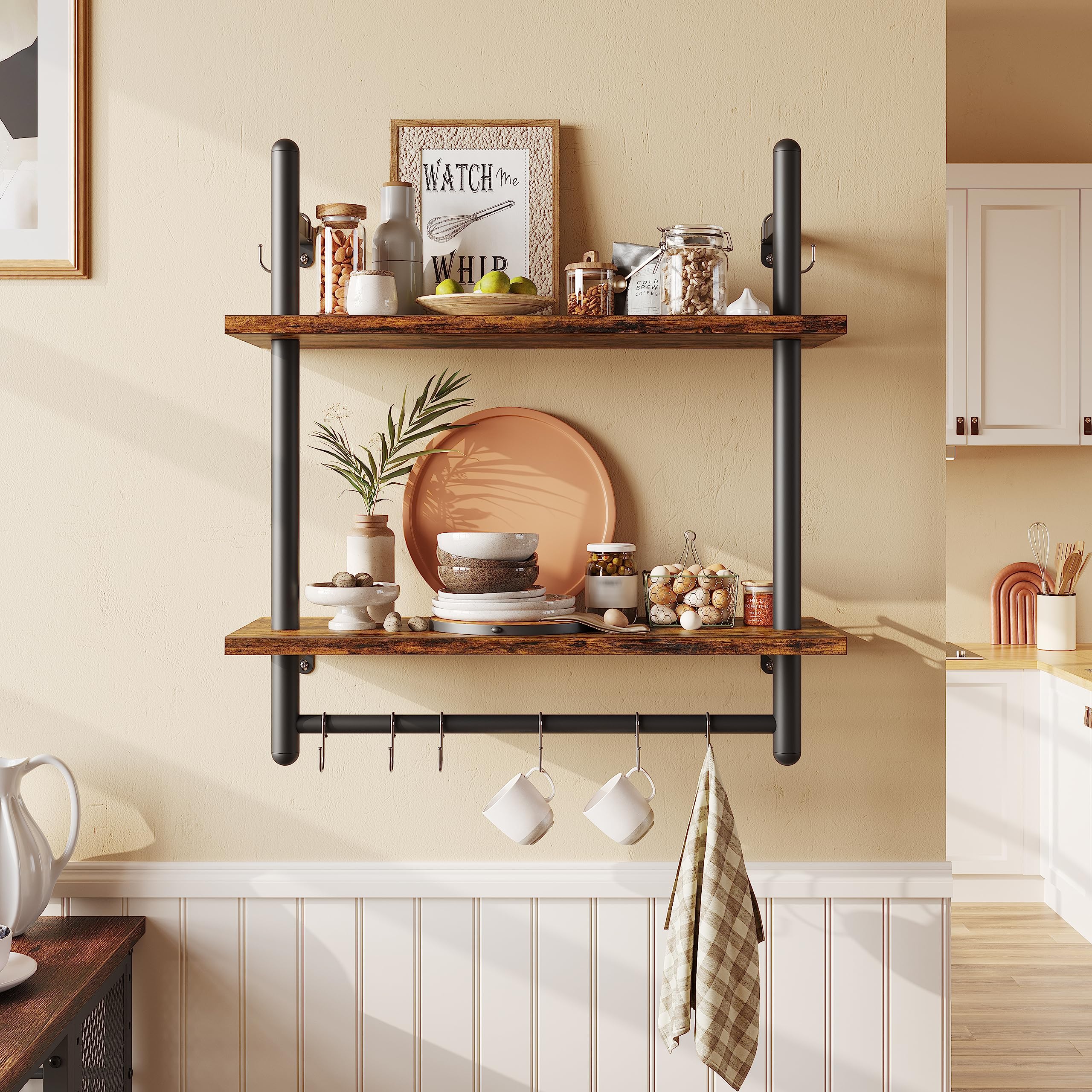 Floating Pipe Shelving Kitchen Shelves 3 Tier & 2 Tier Bundle, Rustic Brown