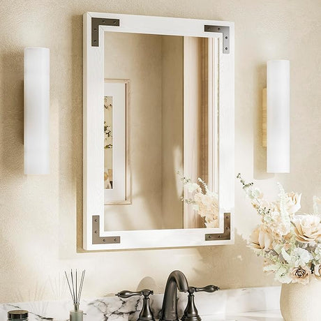 Brown Wood Framed Wall Mirror for Bathroom 48 x 30 Rustic Brown Wooden Rectangle Frame Mirror for Natural Farmhouse Boho Decor