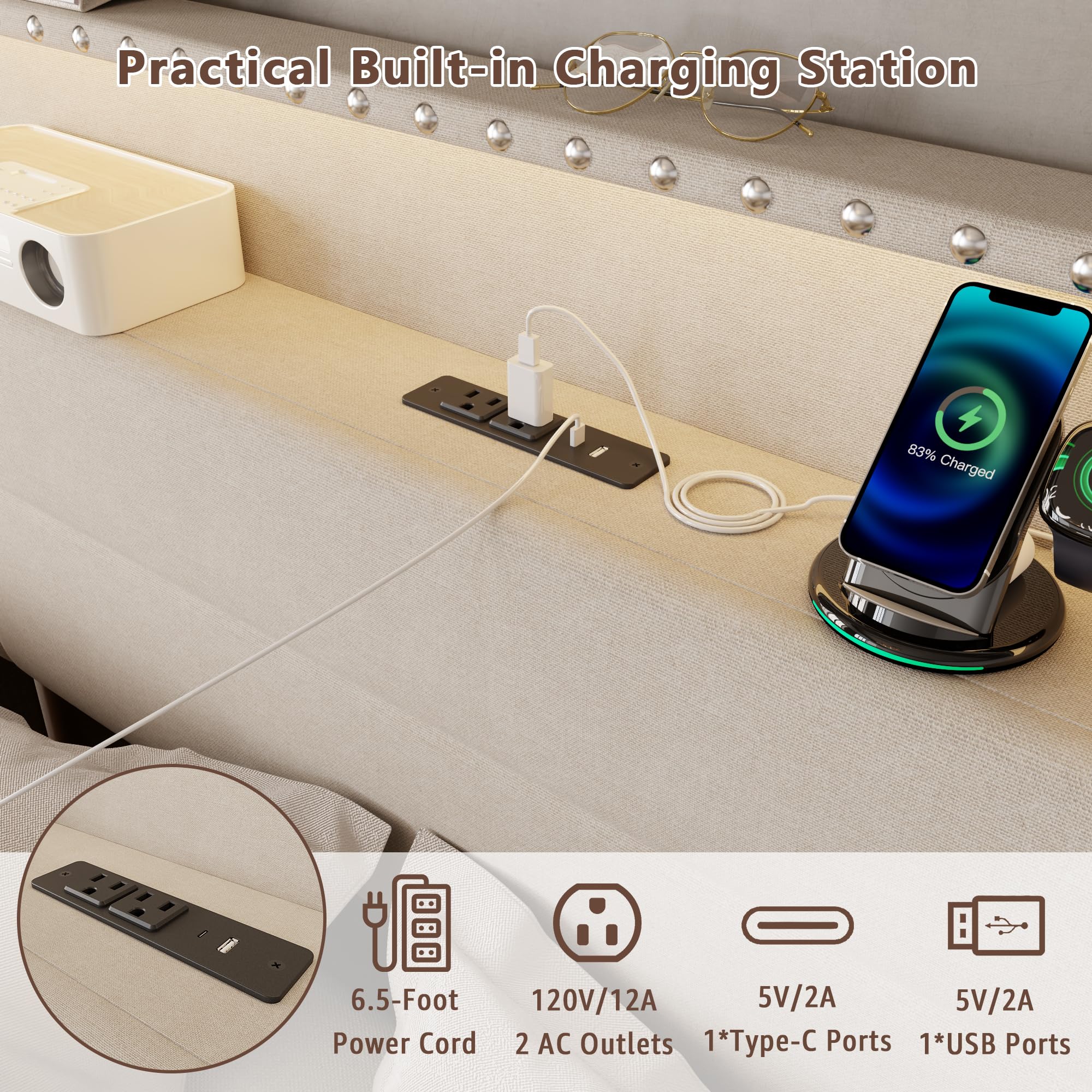 Queen Bed Frame with Storage Drawers, LED Lights & Charging Station