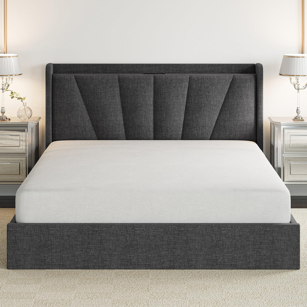 LIKIMIO Queen Bed Frame with Upholstered Headboard, Platform Bed with Storage Drawers and Outlets, Sturdy, Noiseless, No Box Spring Needed, Easy Assembly, Dark Gray