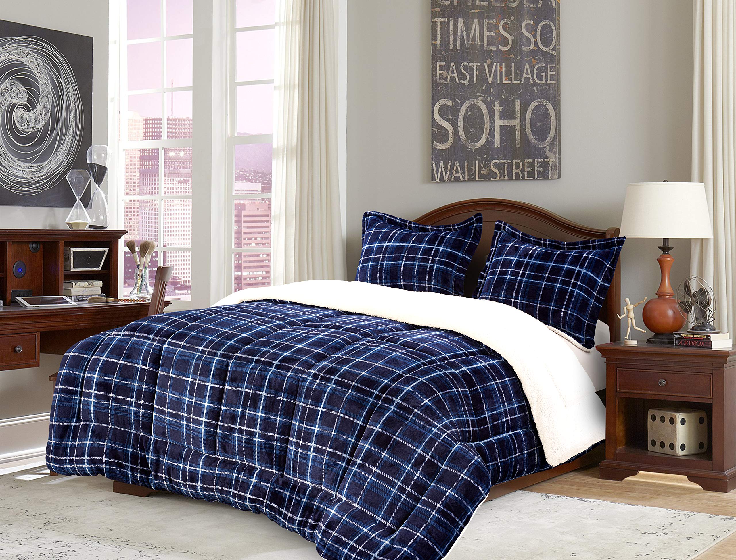 Comfort Softest, Coziest Heavy Weight Plaid Pattern Micromink Sherpa-Backing Premium Quality Down Down