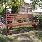 Outdoor Bench, 55 Inch Patio Bench, Rustic Wooden Wheel Bench, Wagon Slatted Seat