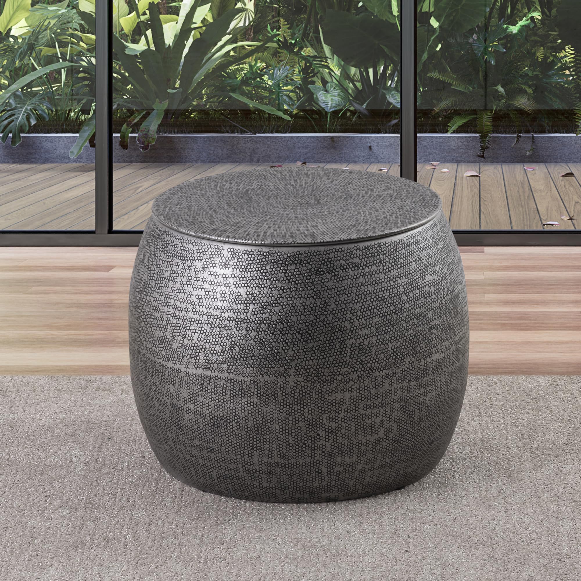 Modern Round Aluminum Hammered Embossed Texturing Metal Drum Side Table