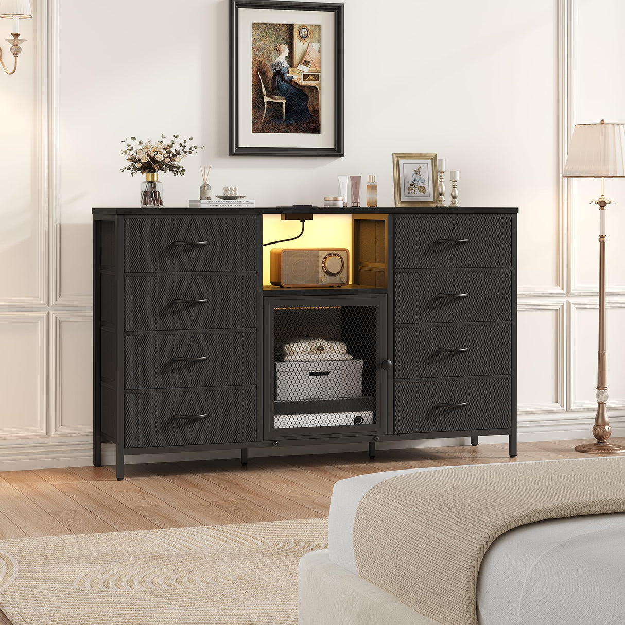 TV Stand for Bedroom with 8 Fabric Drawers, Black Chest of Drawers with Power Outlets