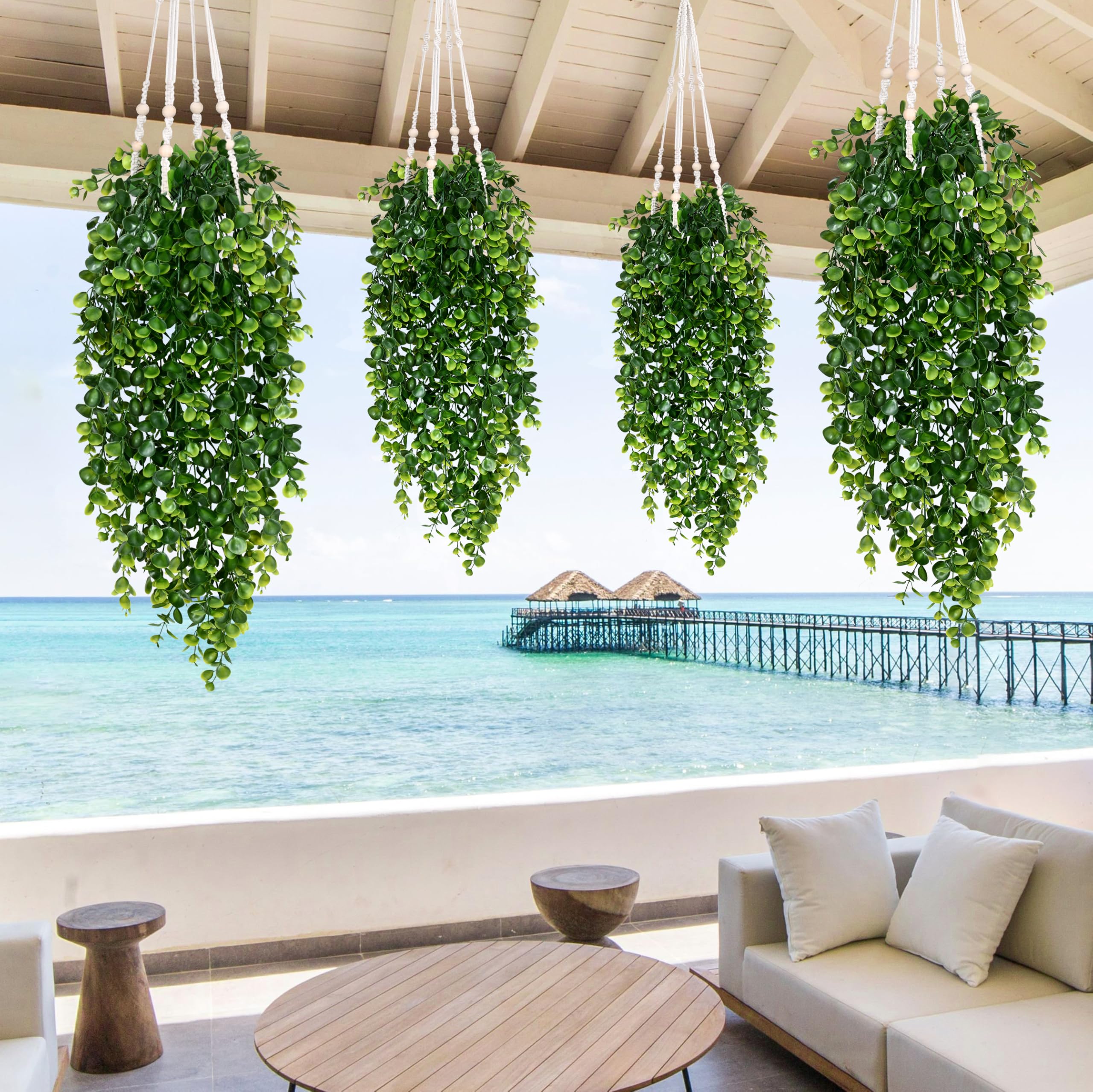 4Pcs Fake Hanging Plants 2.7ft Artificial Plants UV Resistant Plastic Hanging Plants