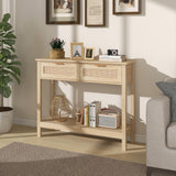 Farmhouse Rattan Console Table with 2 Drawers 2 Tier Boho Narrow Long Sofa Table