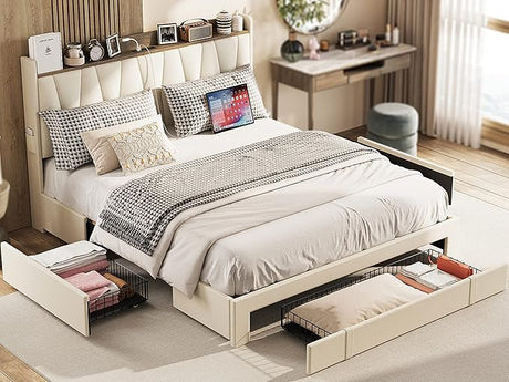 Queen Bed Frame with 3 Drawers, Upholstered Platform Bed with Storage Headboard