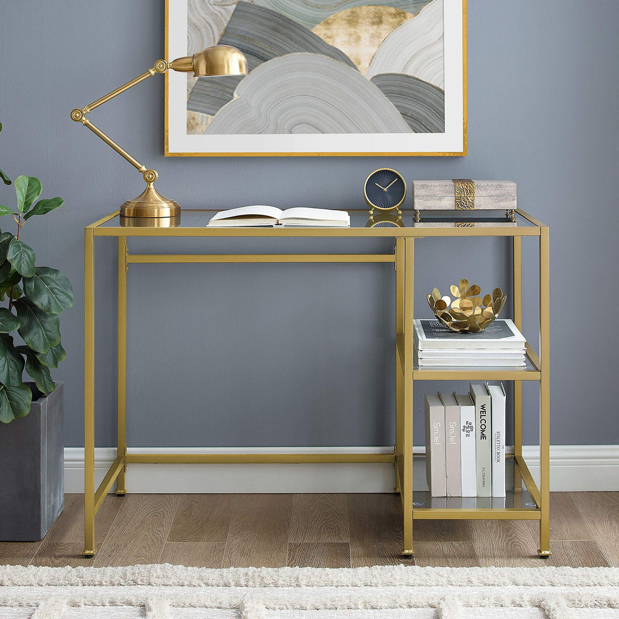 Aimee Small Home Office Vanity Desk with Storage Shelves, Gold