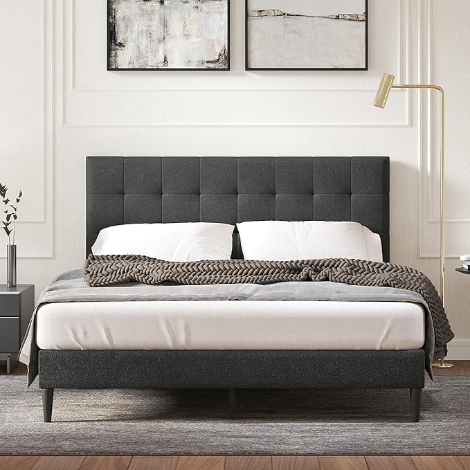 Kaya Upholstered Platform Bed Frame/Buttonless Tufting/Mattress Foundation/Wood Slat Support/No Box Spring Needed/Easy Assembly, Gray, King