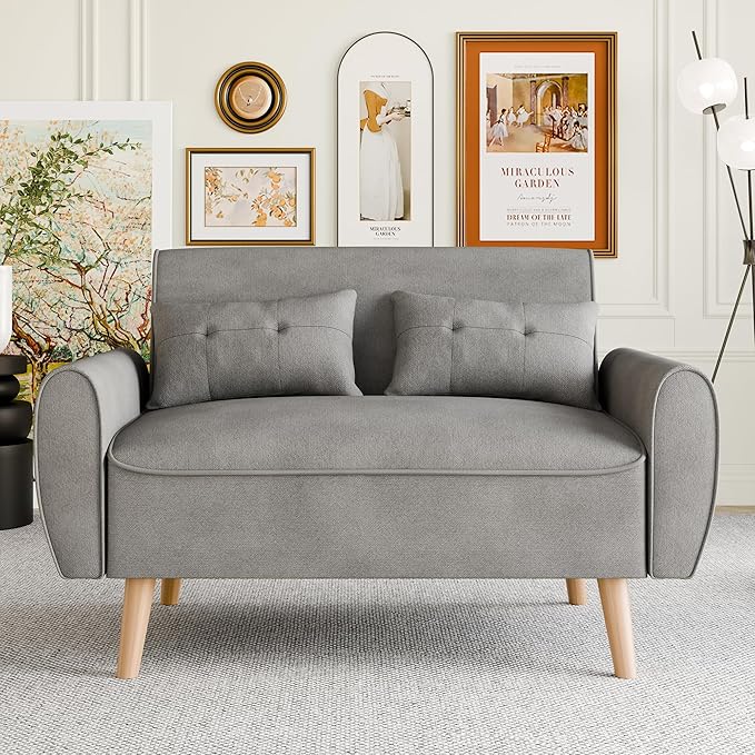 47" Small Modern Loveseat Sofa, Mid Century Linen Fabric 2-Seat Sofa