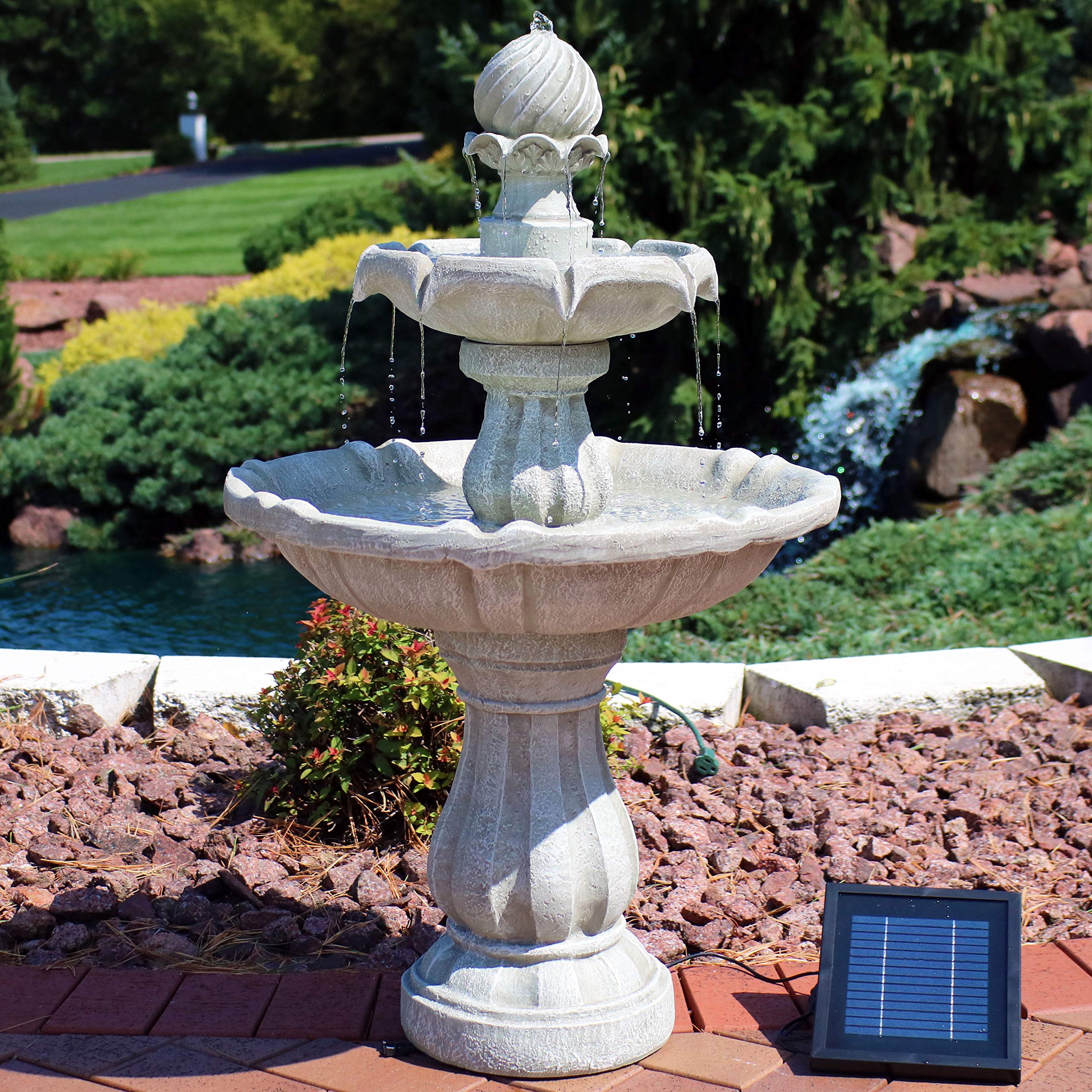35" 2-Tier Solar Water Fountain - Outdoor Water Fountain with Battery Backup and Pump - White