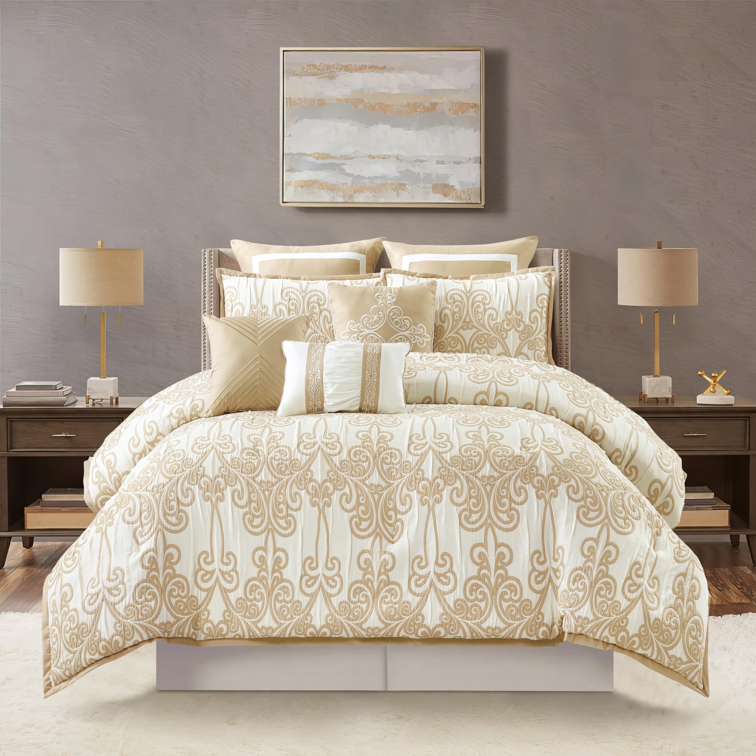 Beige and Gold Jacquard Floral Comforter Set - Queen Size 9 Piece