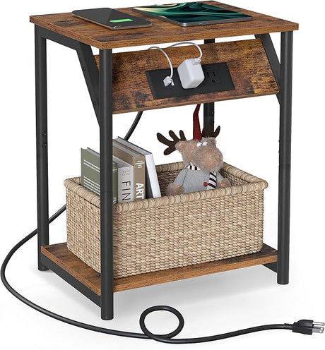 Side Table with Charging Station, End Table with USB Ports and Outlet, Nightstand with 2-Layer Storage Shelves for Small Spaces, Living Room, Bedroom, Stable Frame, Greige and Black BG09UBZ01