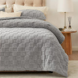 Fluffy King Size Comforter Set Grey, Farmhouse Jacquard Checkered Sherpa Bed Set
