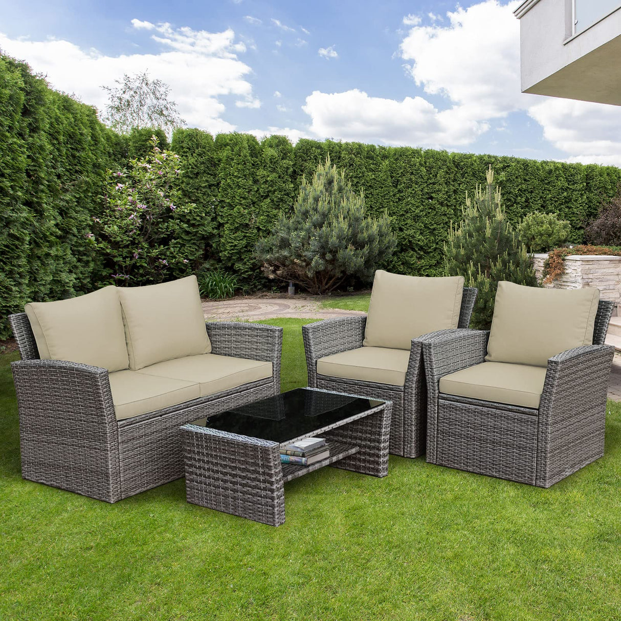 4 Pieces Patio Furniture Set, All Weather Outdoor Sectional Rattan Sofa Set