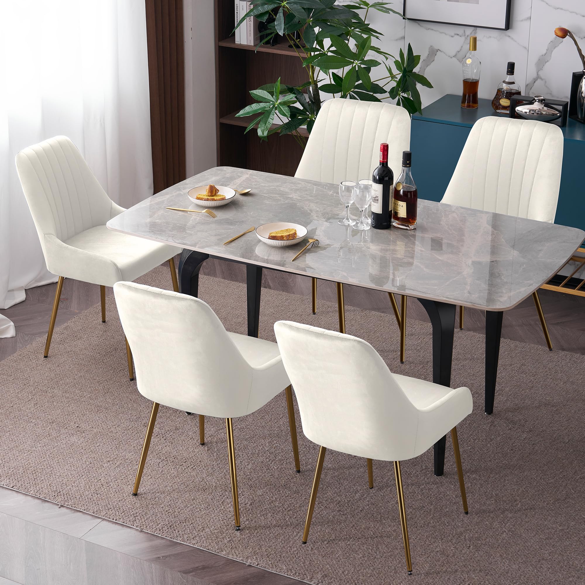 LOVSPATIO Dining Chairs Set of 2, Mid Century Modern Kitchen Armless Dining Chairs with Velvet Cushion Seat & with Gold Metal Legs for Vanity Room Bedroom Living Room (White)