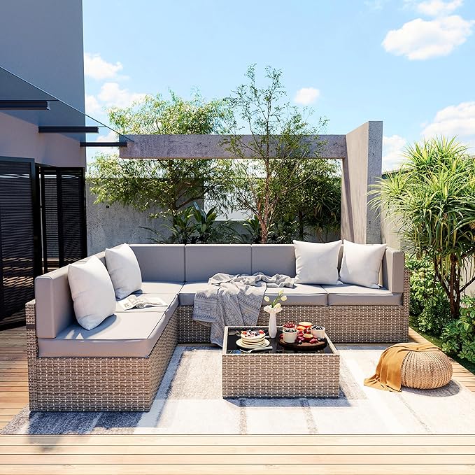 7 Piece Modular Outdoor Sectional, UV Protection Rattan Patio Sectional with Coffee Table