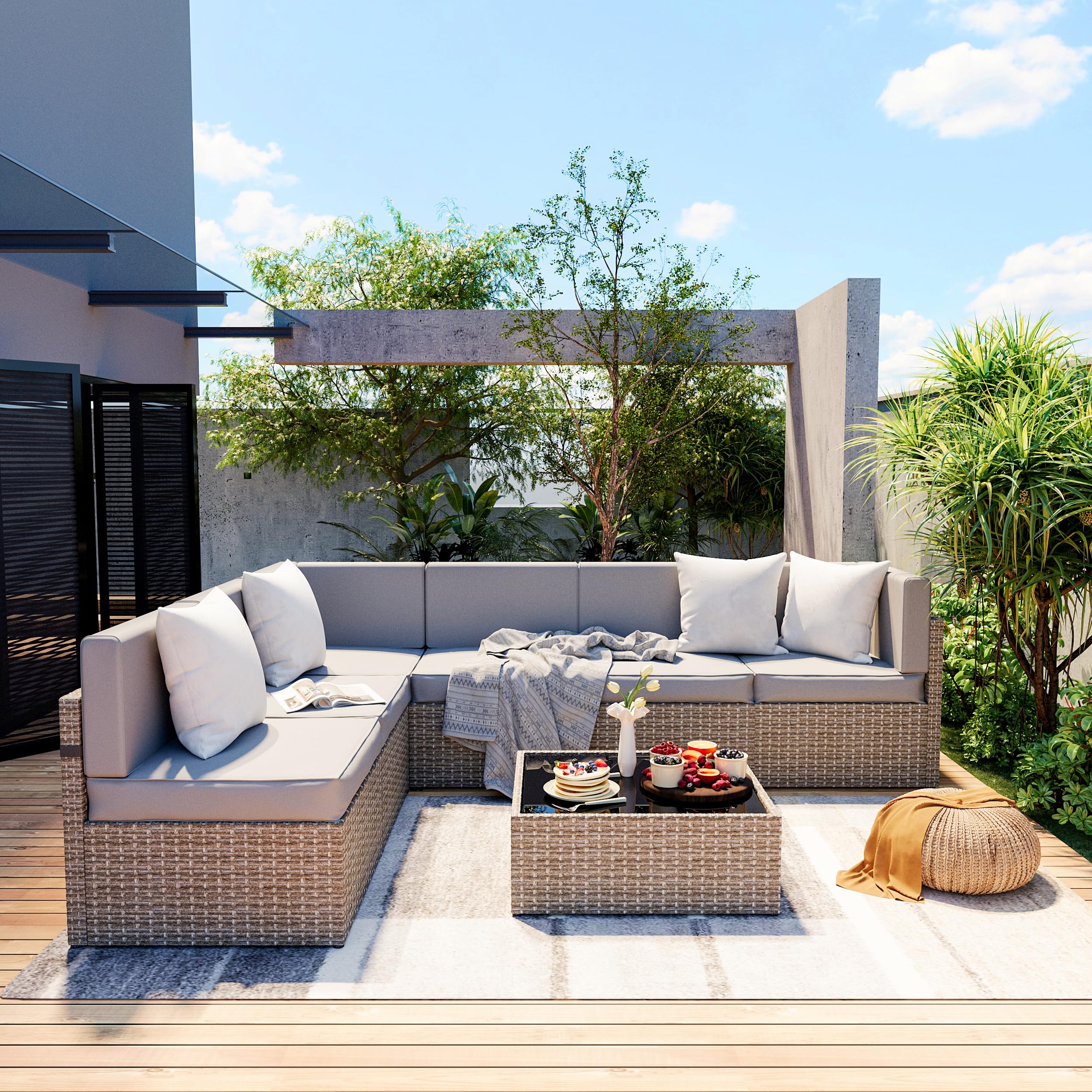 7 Pieces Outdoor Sectional Furniture，Wicker Patio sectional Furniture Sets