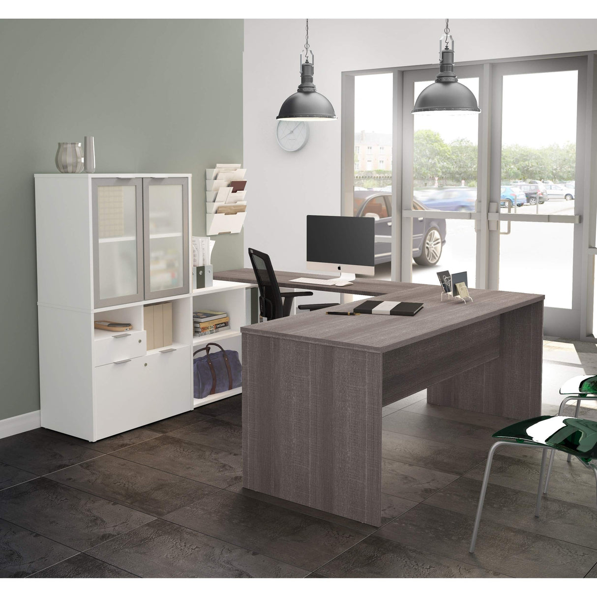 3 Plus U-Shaped Executive Desk with Frosted Glass Doors Hutch, 72W, Bark Grey