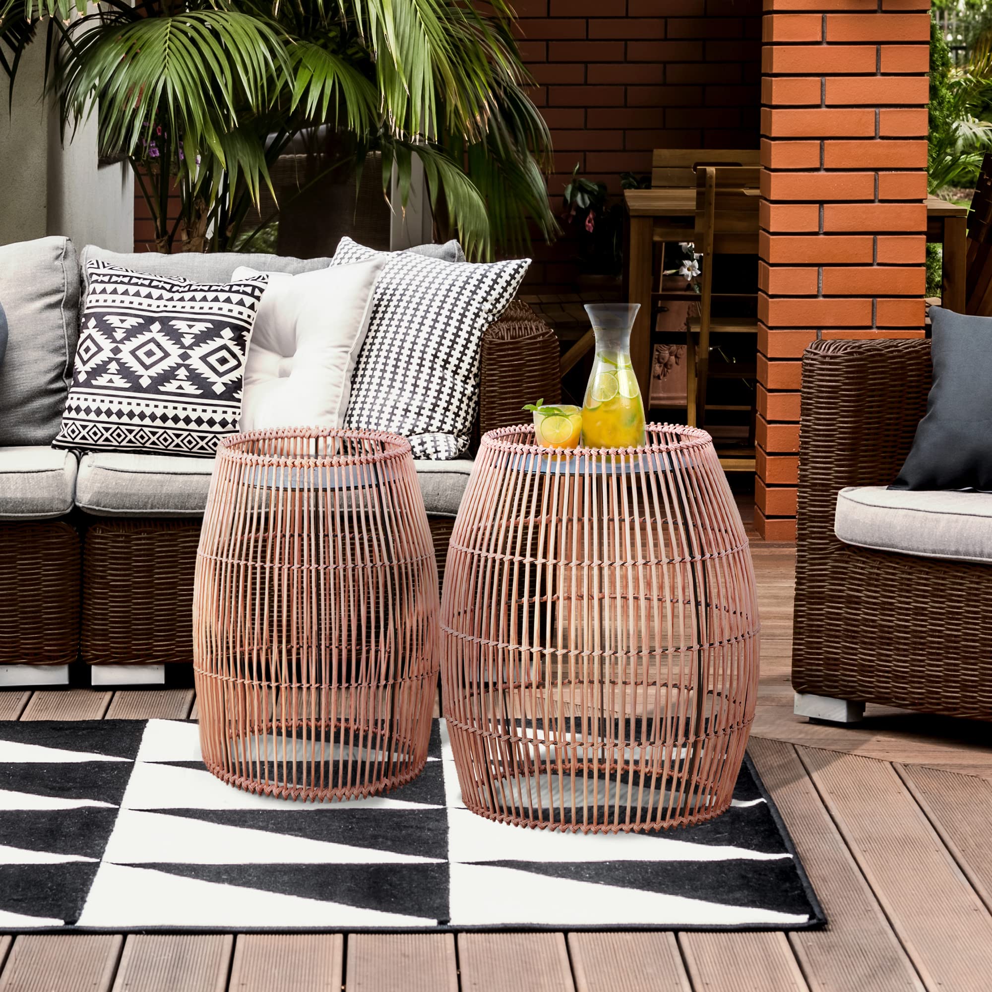 Teamson Home Outdoor Garden Small Round Drum Patio Side Table, 12.5 Inch Plant Stand in Bamboo Wicker, Weather Resistant, Outdoor Garden Décor, Brown - Bircata
