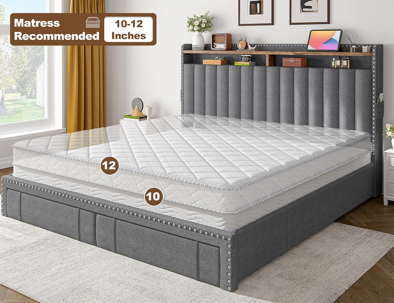 King Size Upholstered Bed Frame with 4 Storage Drawers and Headboard Shelves
