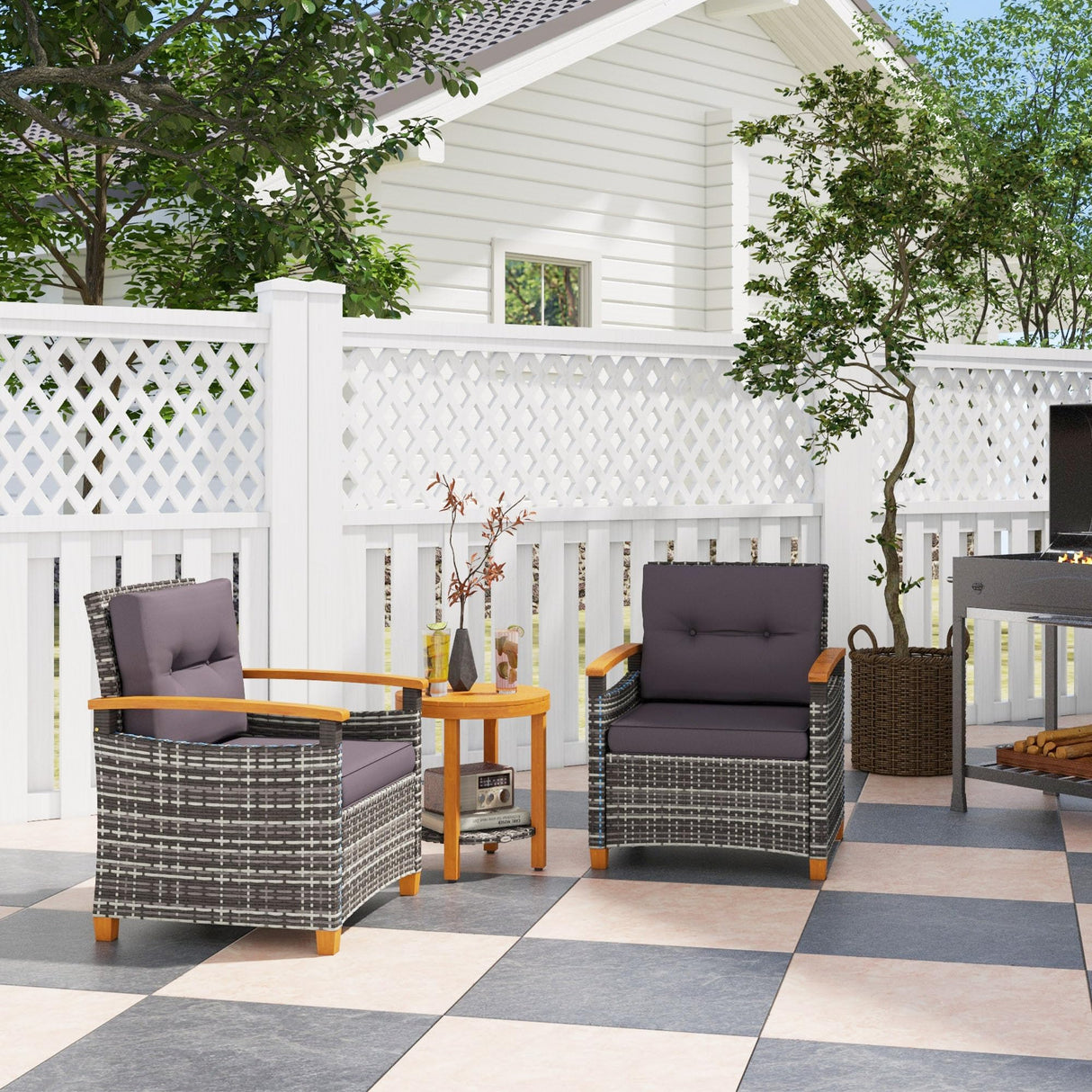3 Pieces Wicker Outdoor Bistro Set, Rattan Patio Furniture Set with Acacia Wood Coffee
