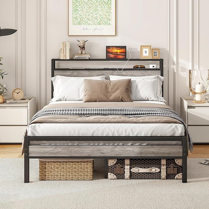 Full Size Bed Frame with Storage Headboard,Power Outlet,USB Port