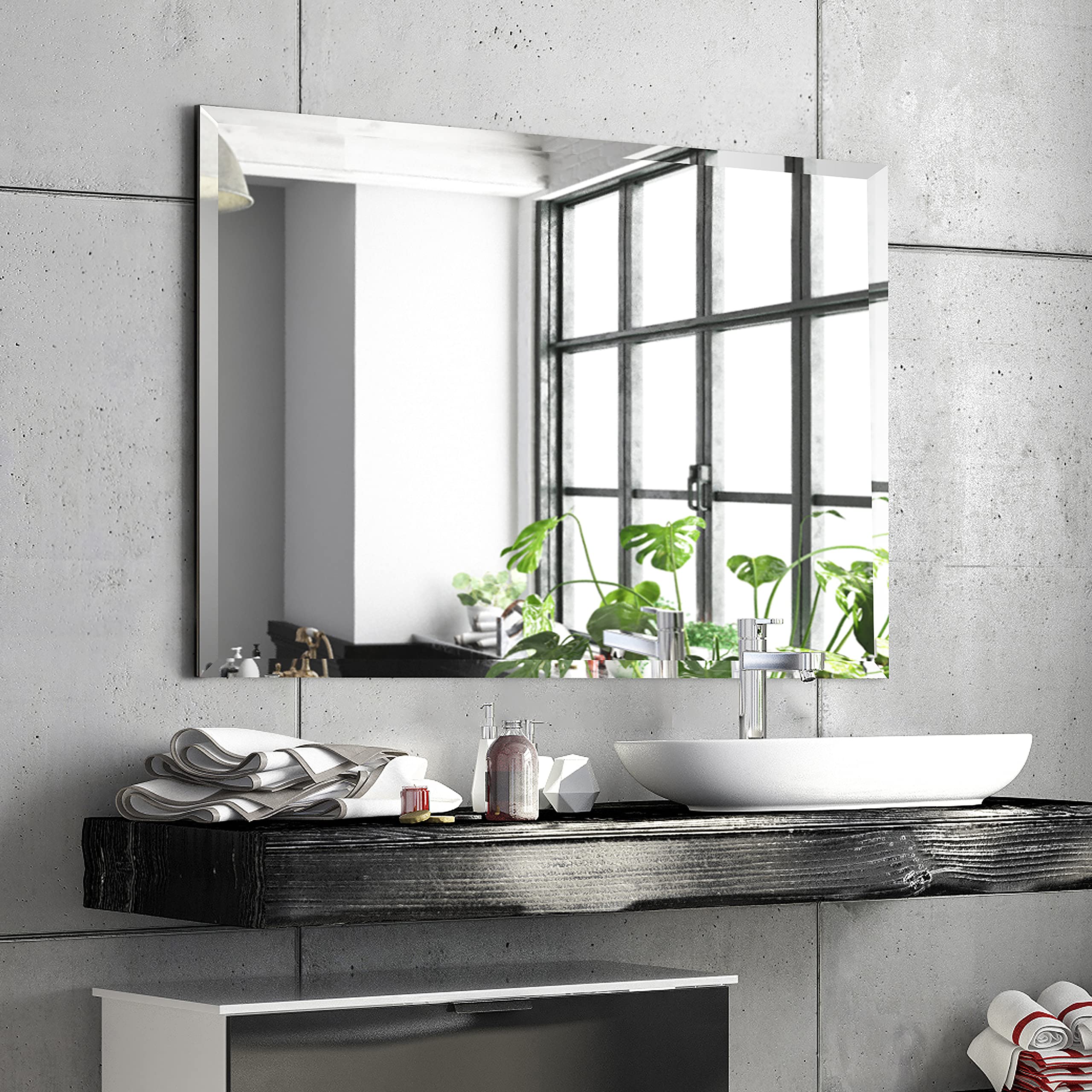 Frameless Beveled Wall Mirror, Rectangular  Beveled Edge