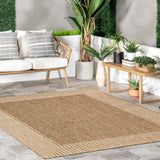 7' x 9' Outdoor Area Rug, Casual Design With Striped Border, Stain Resistant, Highly