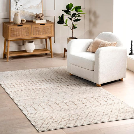 5x7 Moroccan Blythe Area Rug, White and Black, Faded Bohemian Design, Stain Resistant,