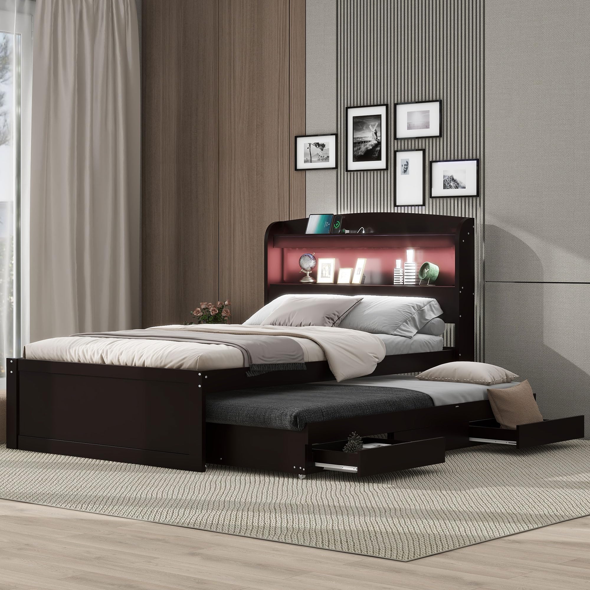 Merax Wood Platform Bed with Storage LED Headboard and USB Charging Station, Twin XL Size Bedframe with Twin Trundle Bed and 2 Drawers, Solid Wooden Slats Support, Easy Assembly, Dark Brown