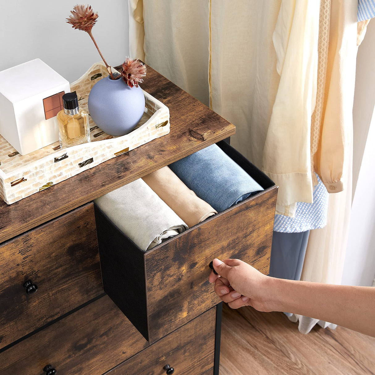 Drawer Dresser, Storage Dresser Tower with 5 Fabric Drawers, Wooden Front and Top