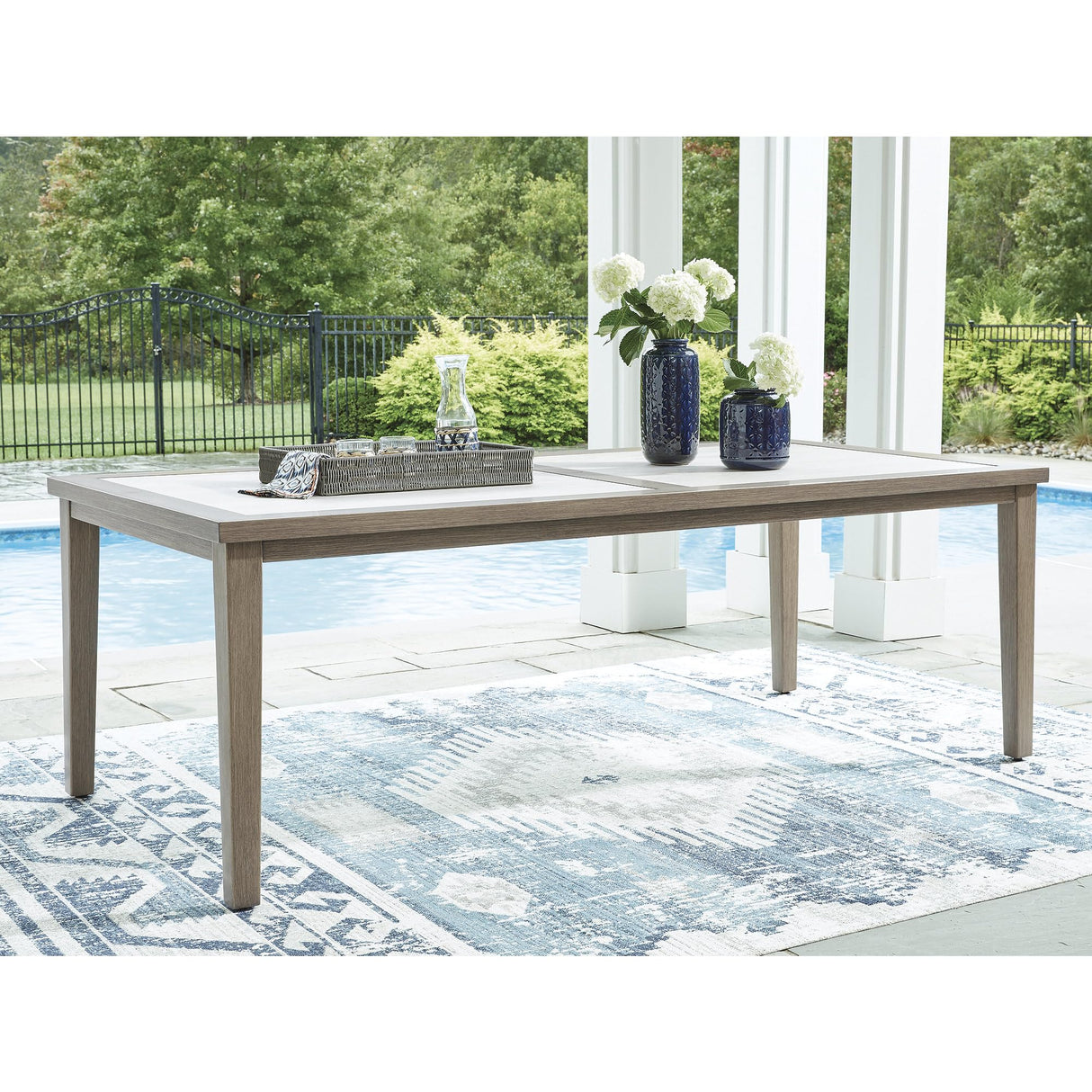 Rainier Ranch Contemporary Sintered Stone Tabletop Outdoor Dining Table with 4 Legs, Light Brown & Beige