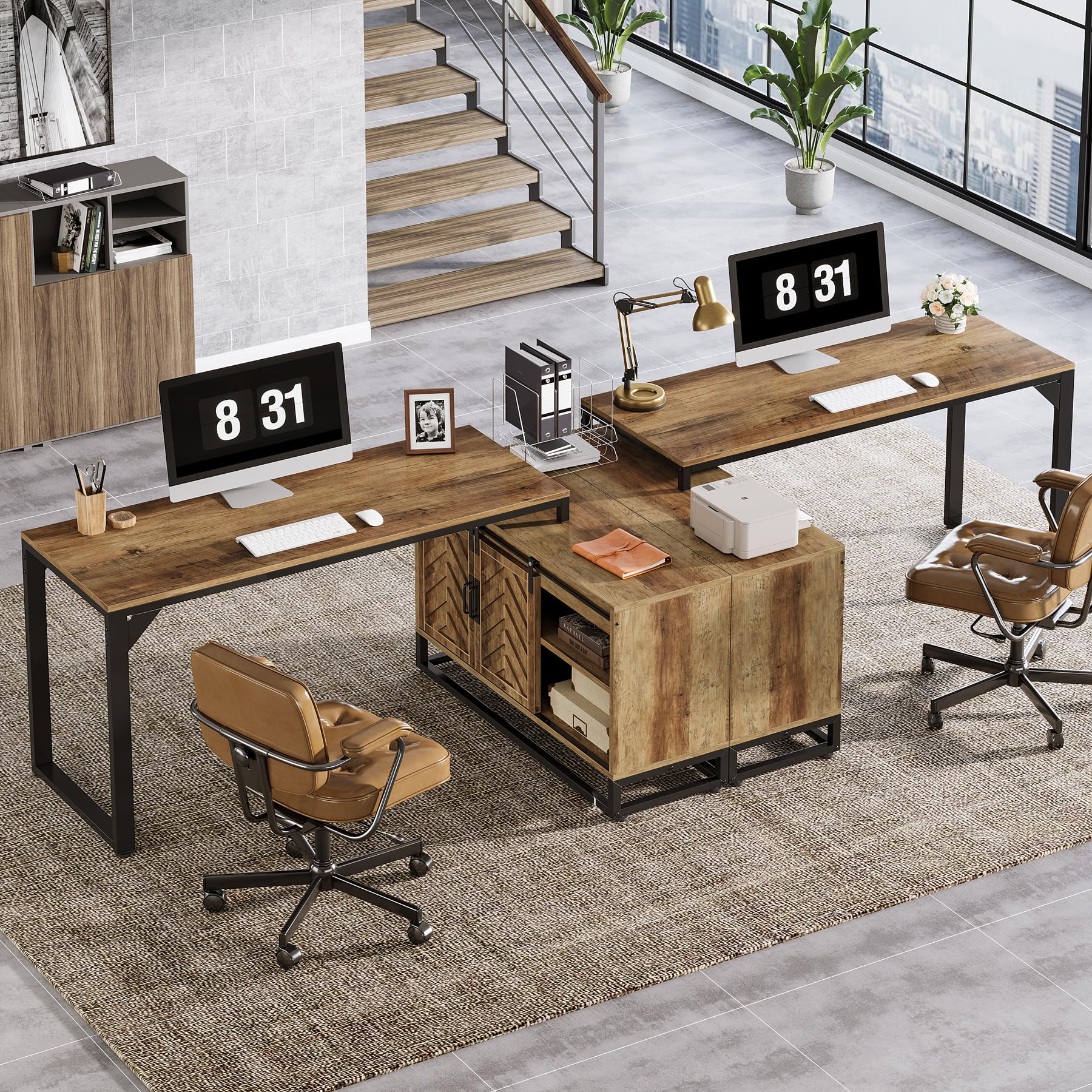 L-Shaped Computer Desk with Cabinet, 53-Inch Farmhouse Corner Desk with Sliding