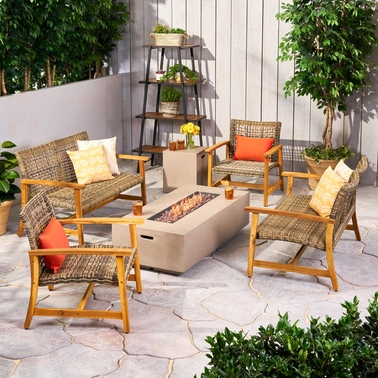 Augusta Outdoor 6 Piece Acacia Wood and Wicker Chat Set with Fire Pit, 52 "W x 31 "D x 31.5 "H